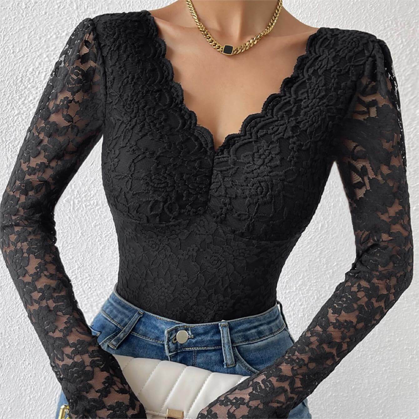 Sissy in Black Lace Long Sleeve Bodysuit - Femboy Fashion