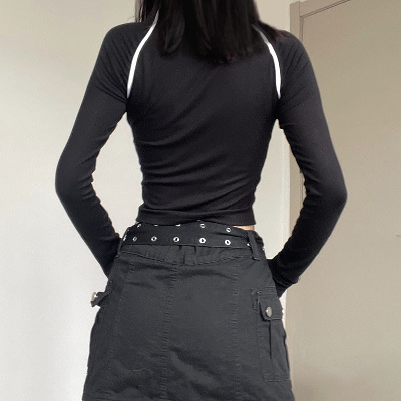 Black T-shirt With Zipper Long Sleeve - Femboy Fashion