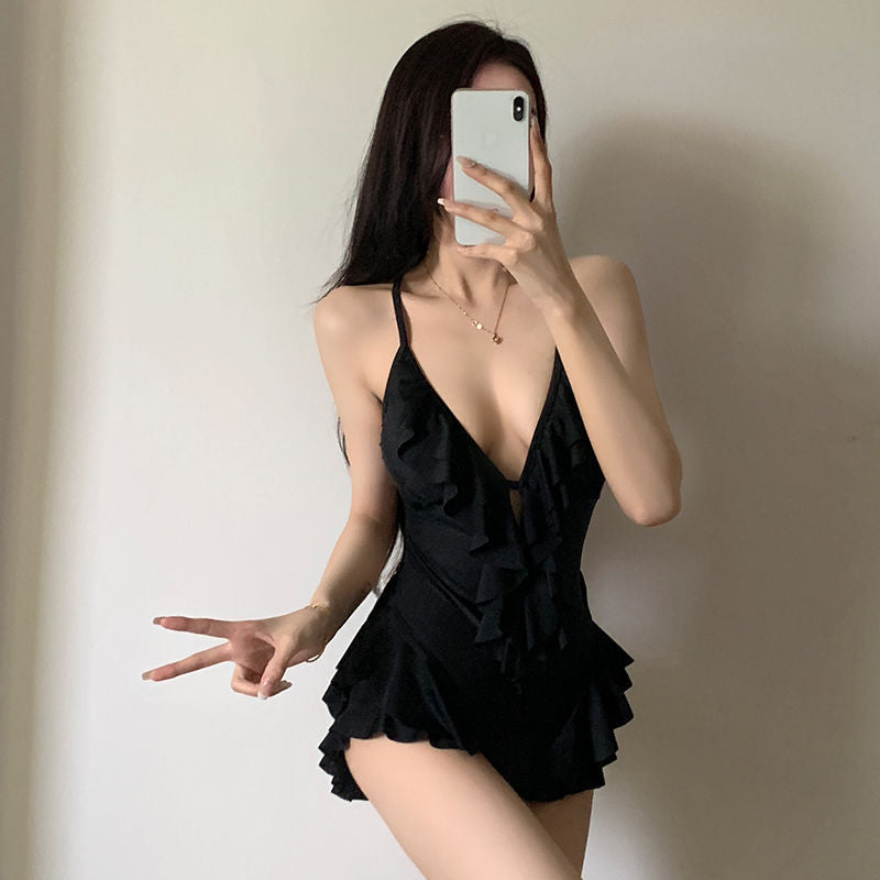 Black V Neck Swimsuit - Femboy Fashion