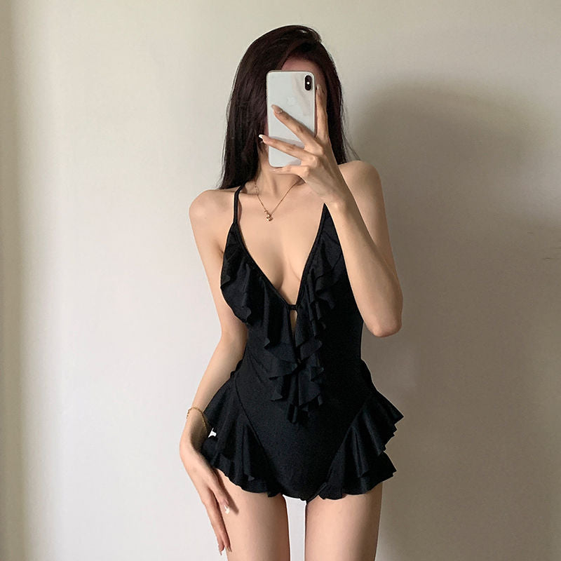 Black V Neck Swimsuit - Femboy Fashion