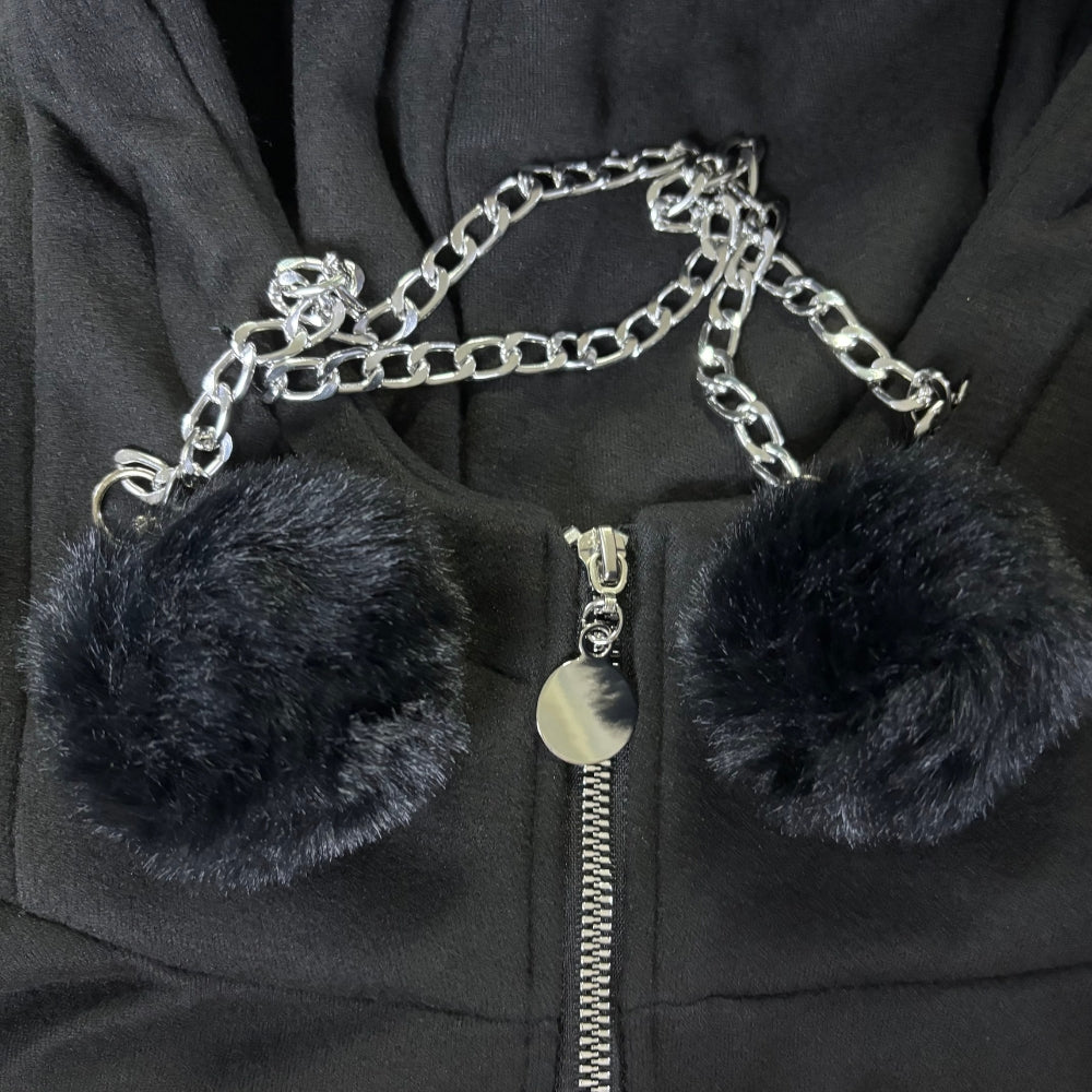Black Cat Crop Hoodie With Ears - Femboy Fashion