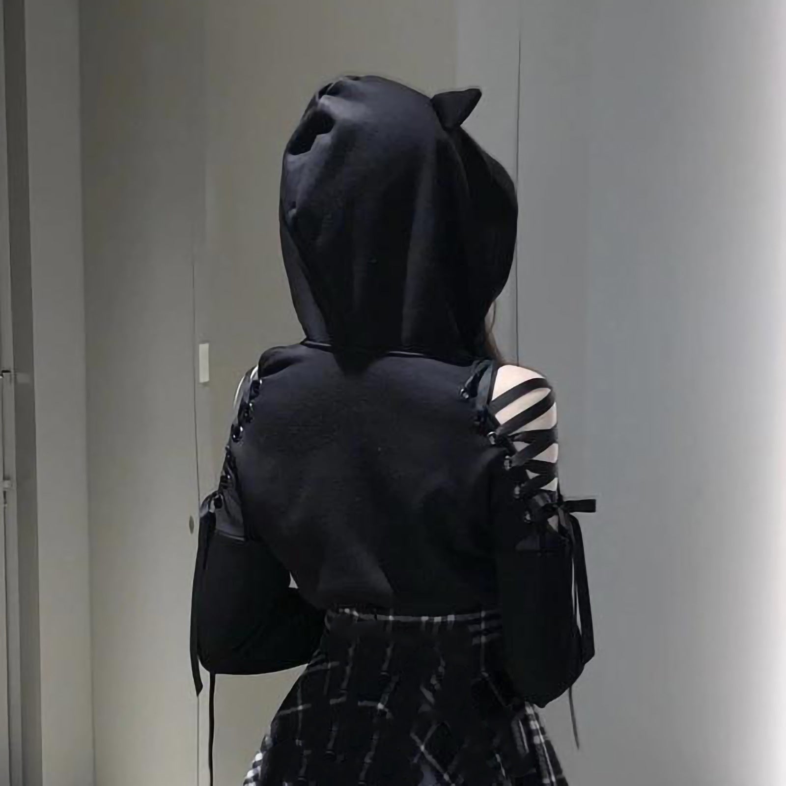 Black Cat Crop Hoodie With Ears - Femboy Fashion