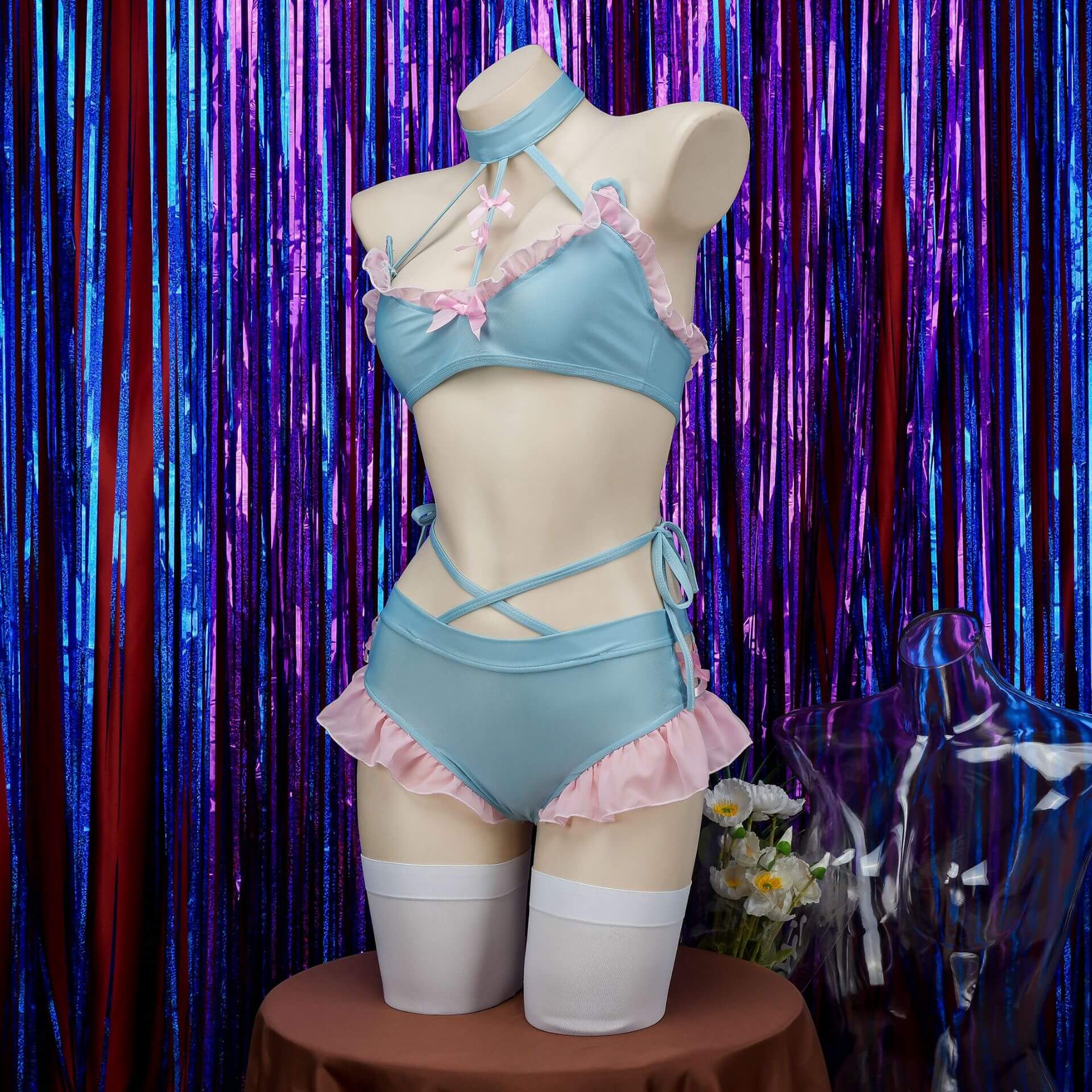 Cute Blue Pink Ruffle Pastel Lingerie Side - Femboy Fashion