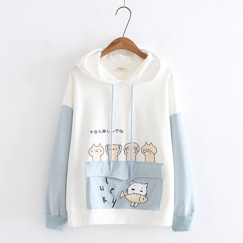 Cute Cat Eat Fish Hoodie - Femboy Fashion