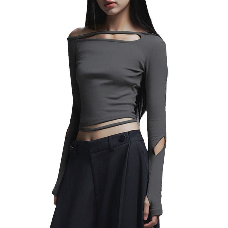 Dark Gray Off Shoulder Hollow Out Crop Top - Femboy Fashion