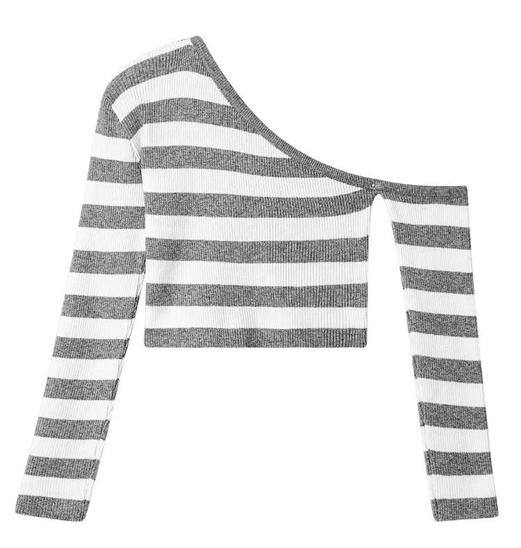 Gray And White Striped T-Shirt Long Sleeve - Femboy Fashion