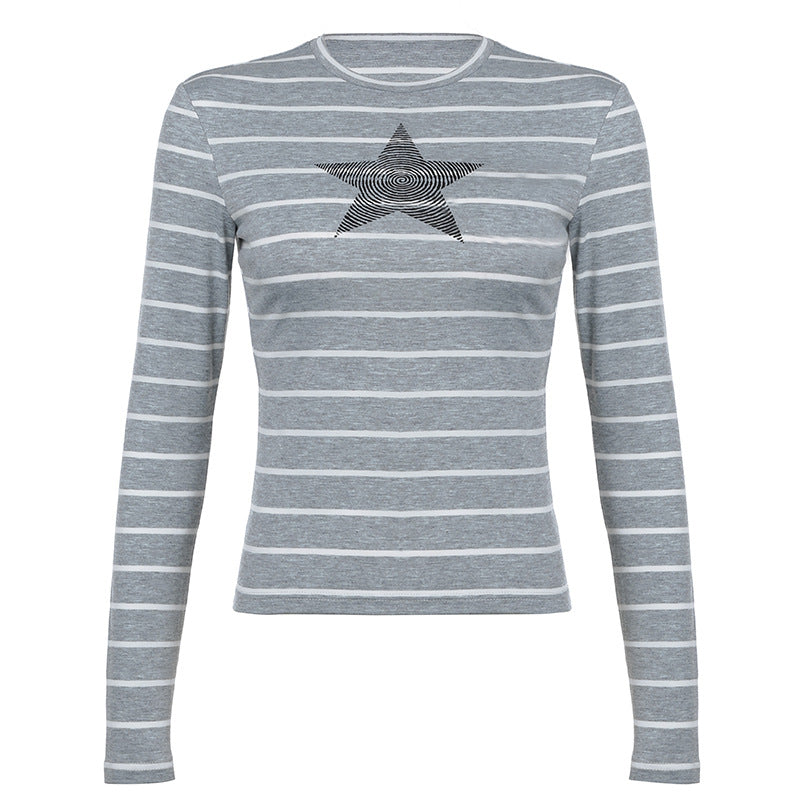 Gray And White Striped T-Shirt Long Sleeve - Femboy Fashion