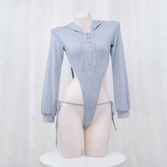 Gray High Cut Bodysuit Femboy Hoodie
