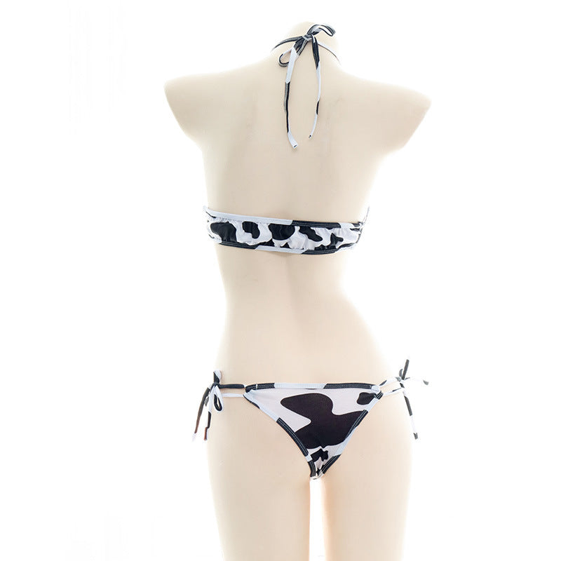 Halter Cow Print Lingerie Set Back - Femboy Fashion