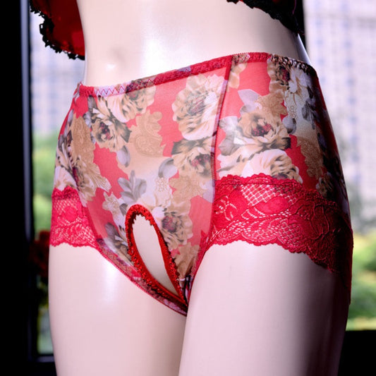 High Waist Floral Lace Crotchless Panty Red - Femboy Fashion