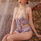 Femboy in Purple Satin Lingerie Short Sets - Femboy Fashion