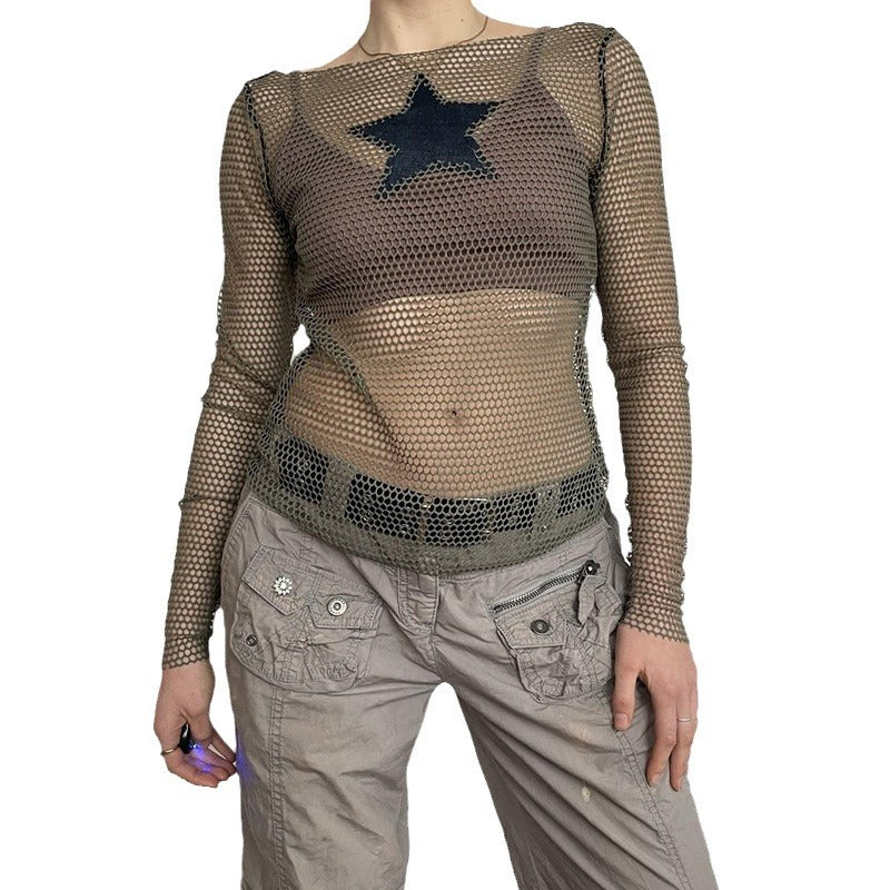 Mesh Long Sleeve Top With Star - Femboy Fashion