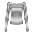 Grey And White Off Shoulder Striped T-Shirt Long Sleeve For Femboy - Femboy Fashion