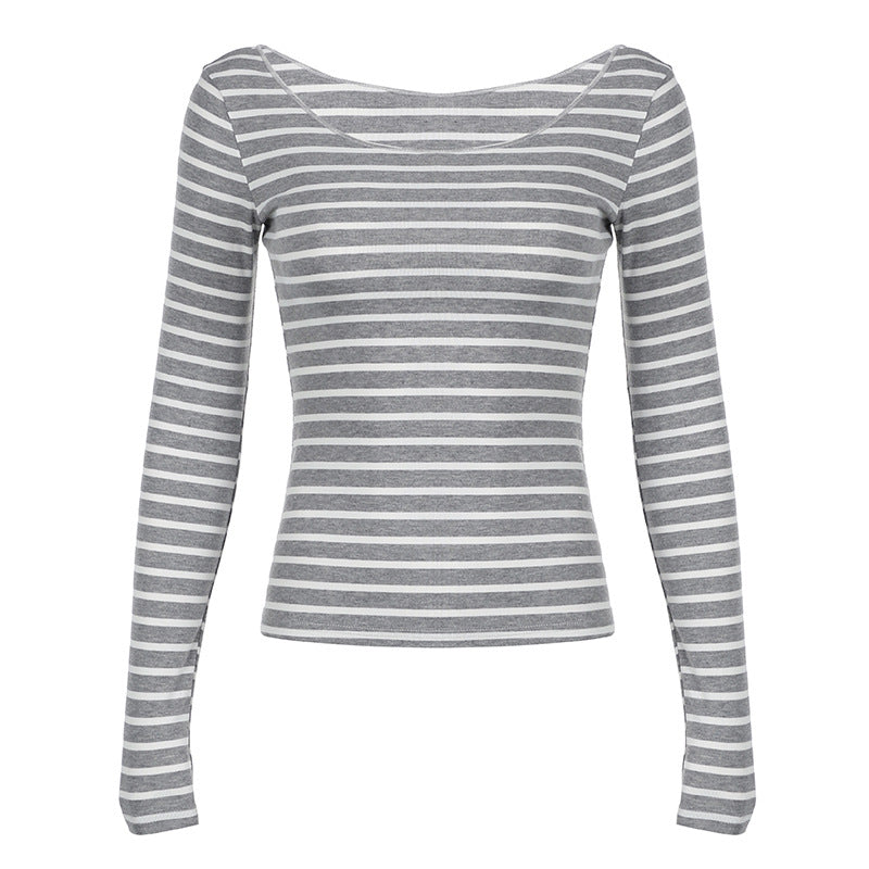 Grey And White Off Shoulder Striped T-Shirt Long Sleeve For Femboy - Femboy Fashion