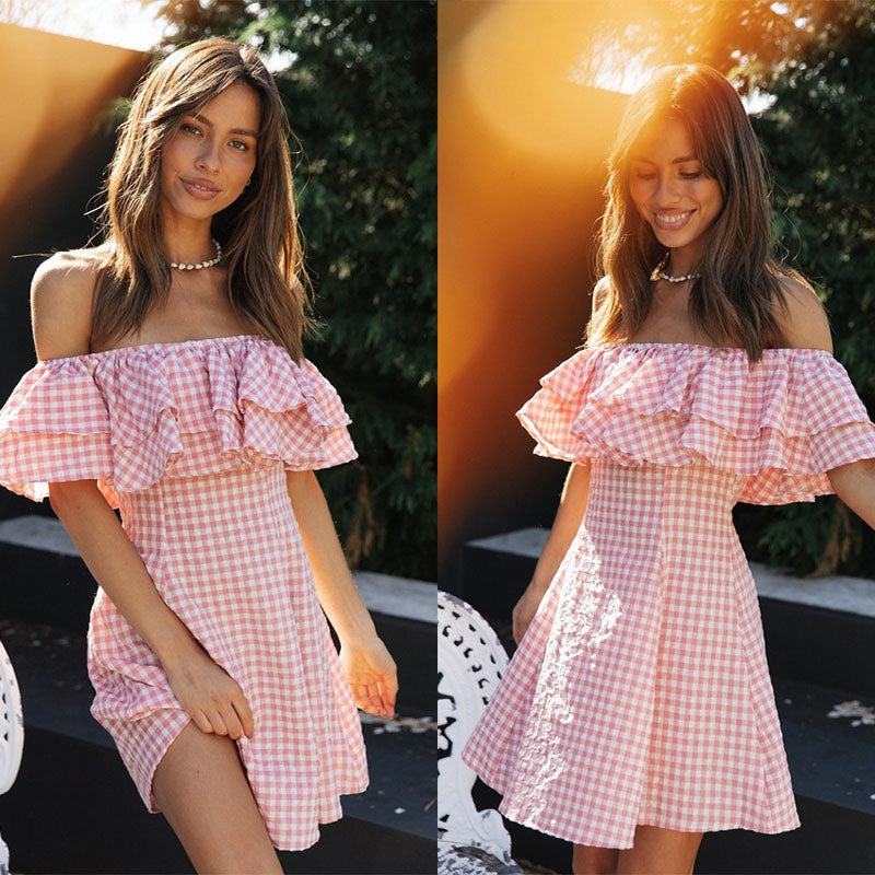 Pink Plaid Strapless Ruffle Mini Dress - Femboy Fashion