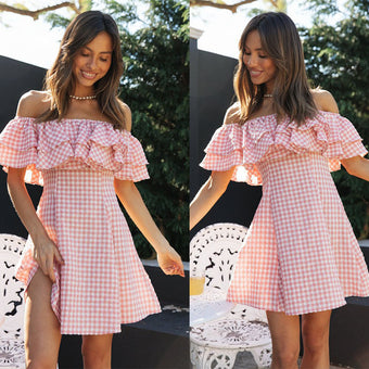 Pink Plaid Strapless Ruffle Femboy Mini Dress