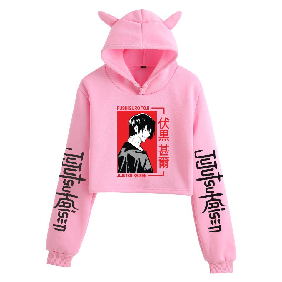 Anime Crop Hoodie With Cat Ears - Pink - Femboy Fashion