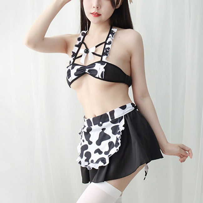 Sexy Cow Print Maid Lingerie Set - Femboy Fashion