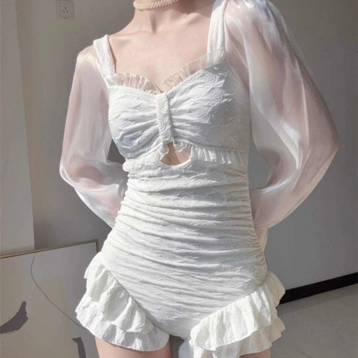 White Long Sleeve One-Piece Swimsuit - Femboy Fashion