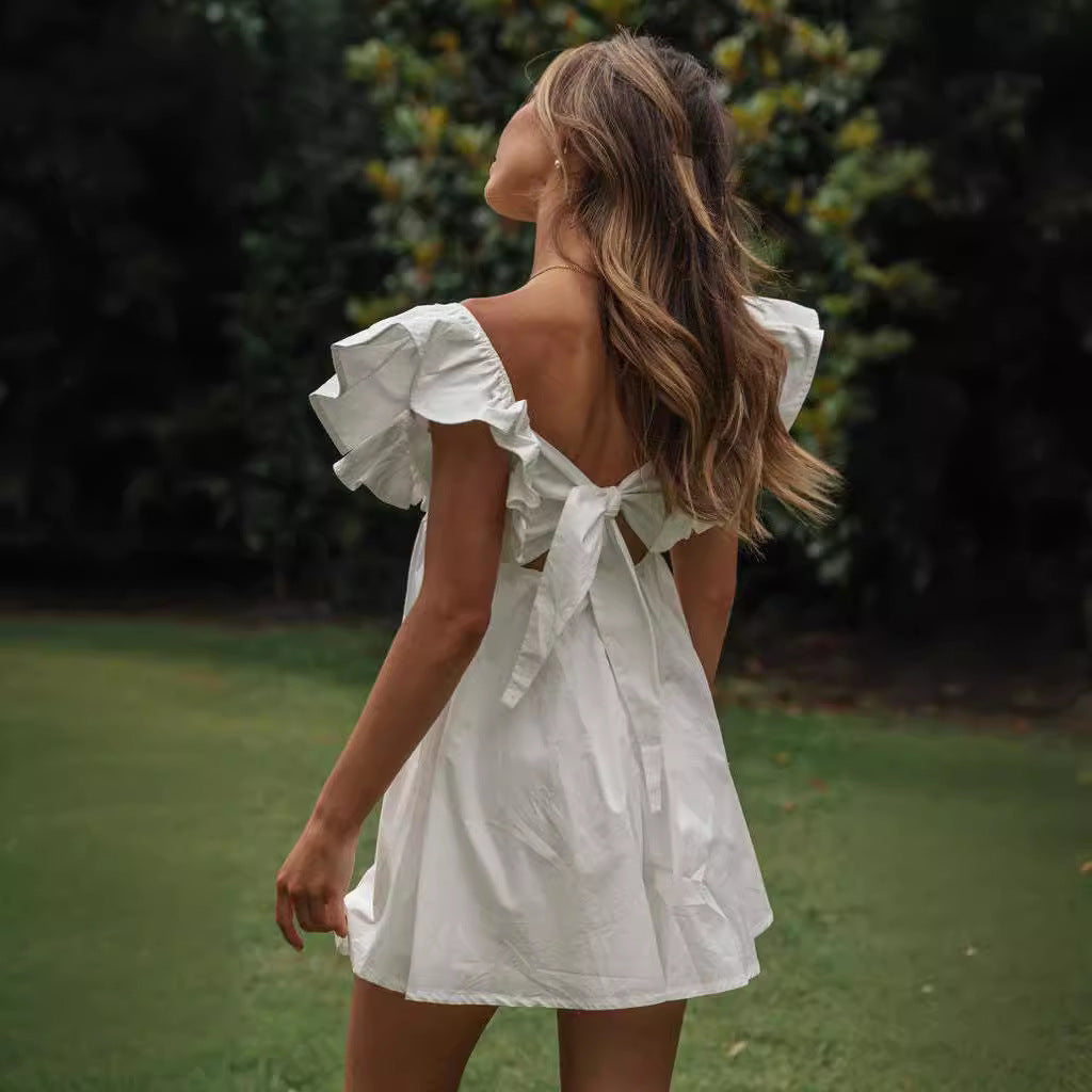 White V Neck Ruffle Mini Dress - Femboy Fashion