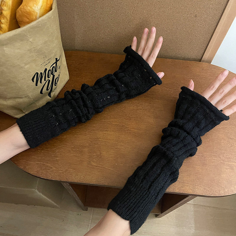 Solid Knitted Fingerless Gloves Black - Femboy Fashion