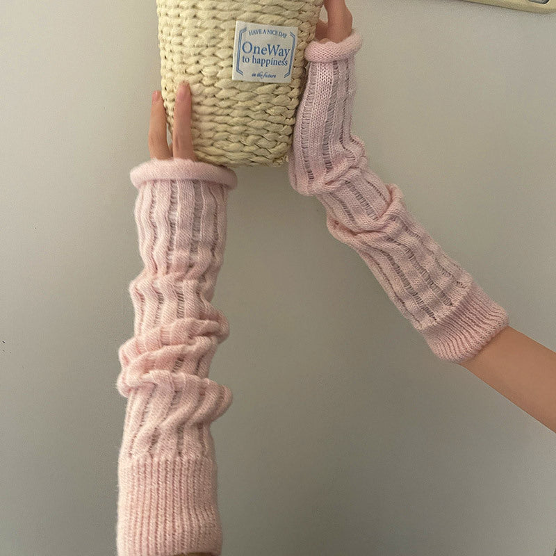 Solid Knitted Fingerless Gloves Pink - Femboy Fashion