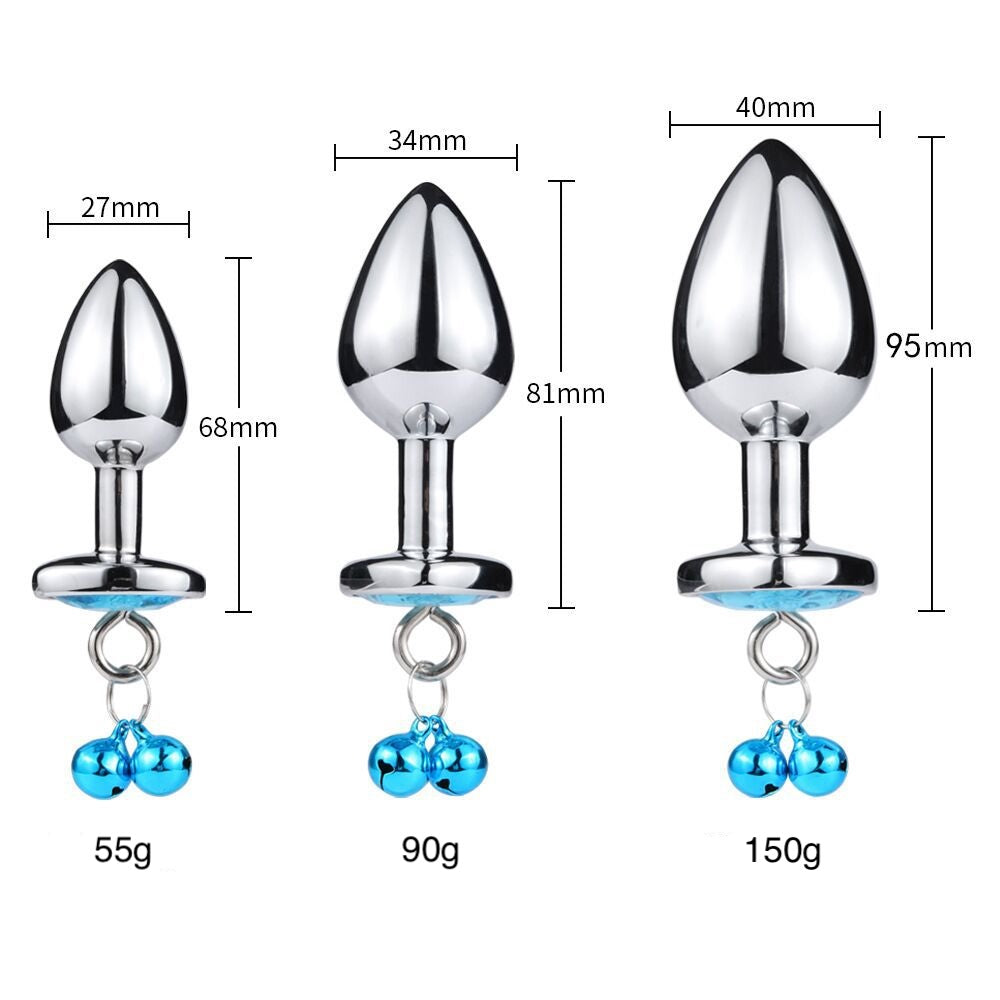 Three stainless steel butt plug with bell set measurements on a white background