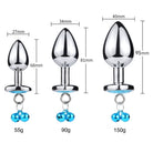 Three stainless steel butt plug with bell set measurements on a white background