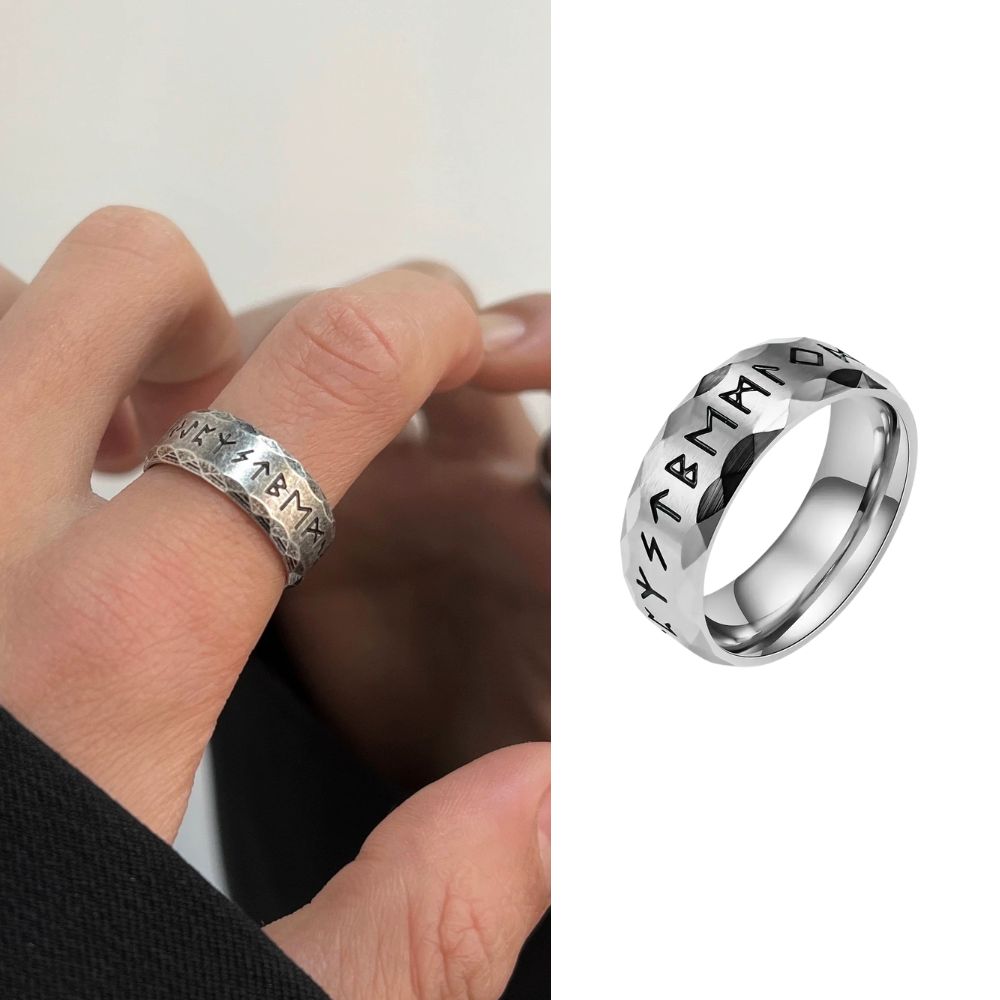 Silver ring with engraved text worn on a finger, next to a close-up of the ring on a white background.