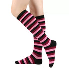 Striped socks with pink and black pattern on a white background
