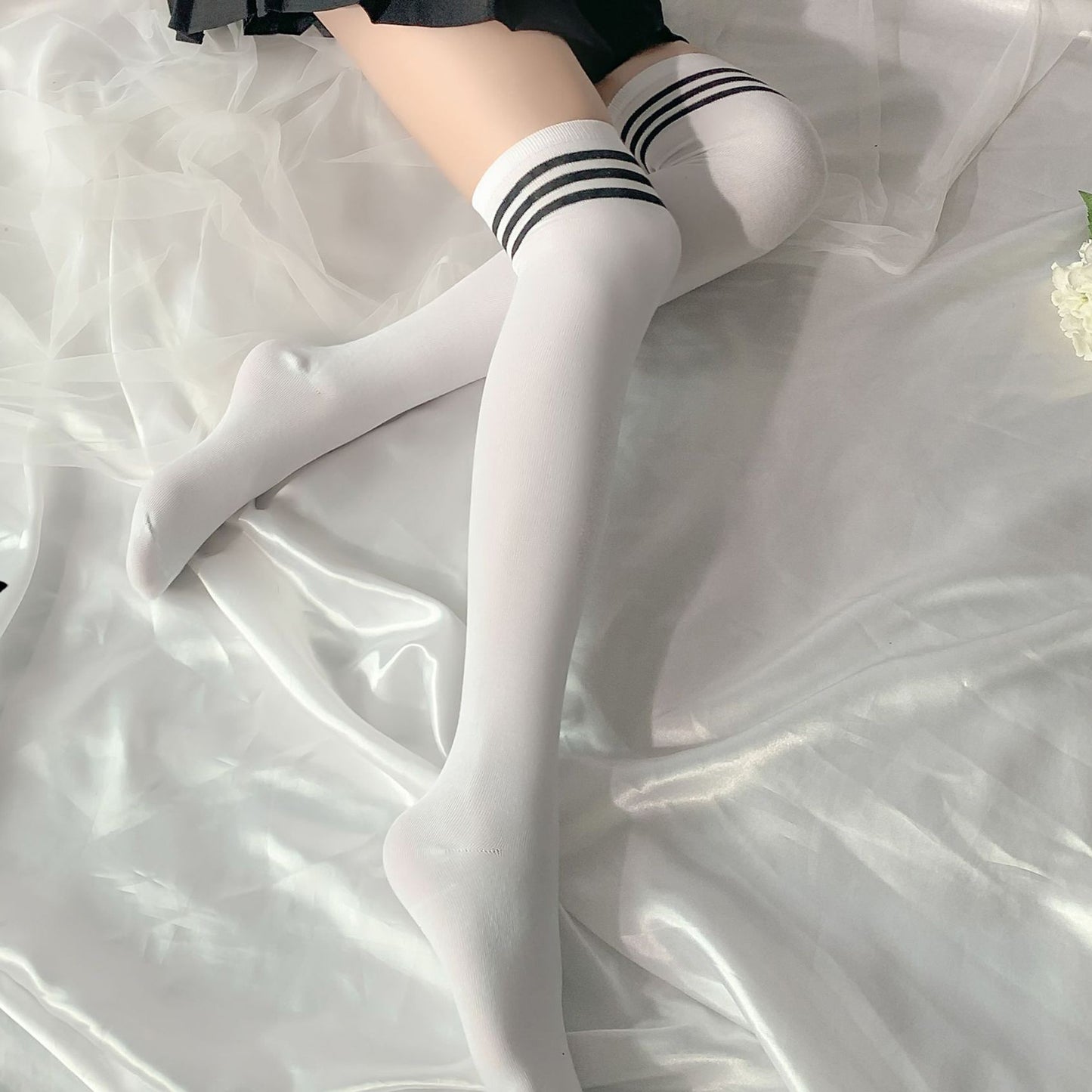 Black Striped White Thigh High Stockings - Femboy Fashion