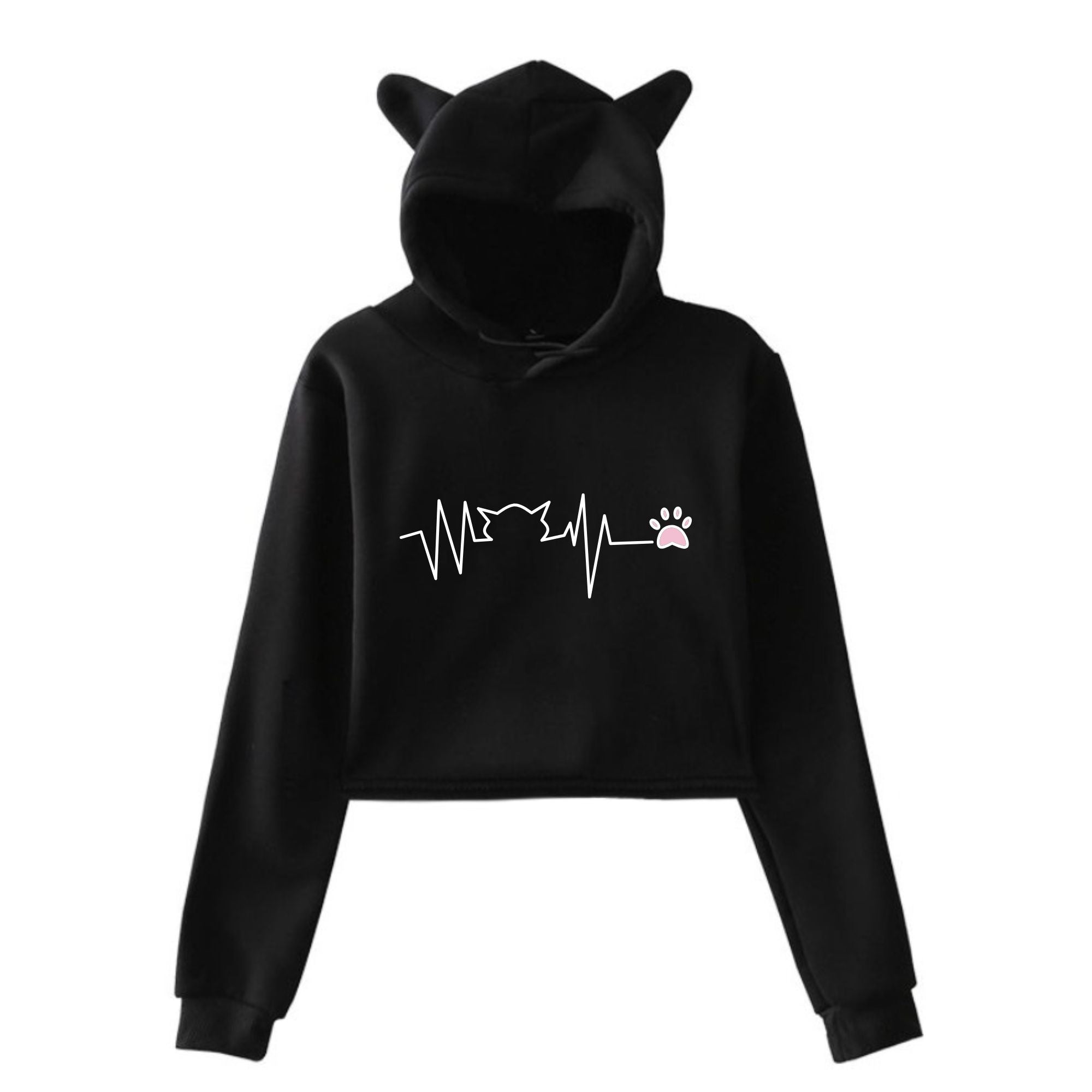 Black Anime Crop Hoodie With Cat Ears for Femboy