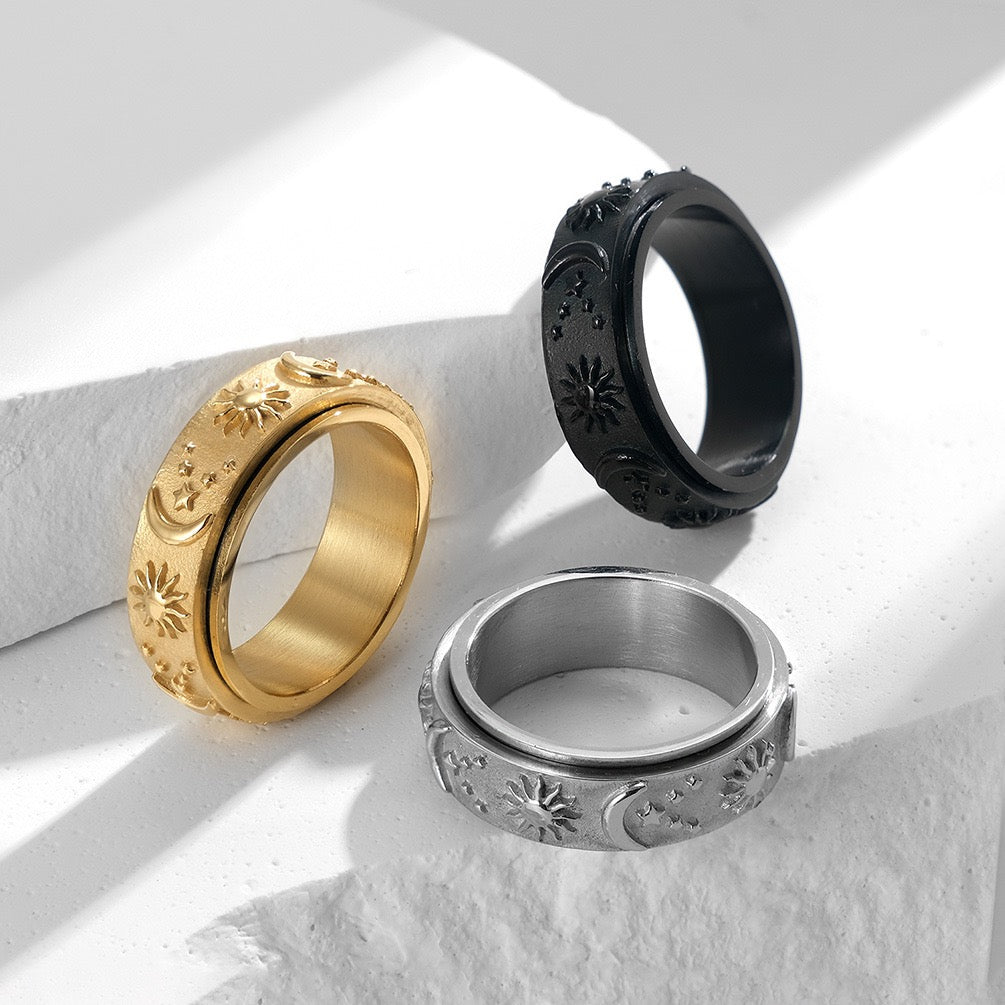 Sun moon star rotating stainless steel rings