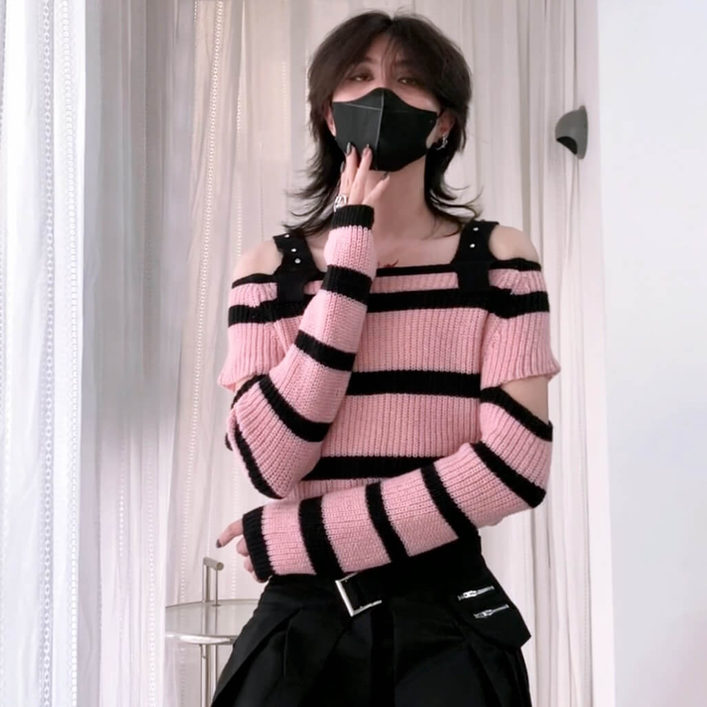 Sweet Black And Pink Off Shoulder Sweater