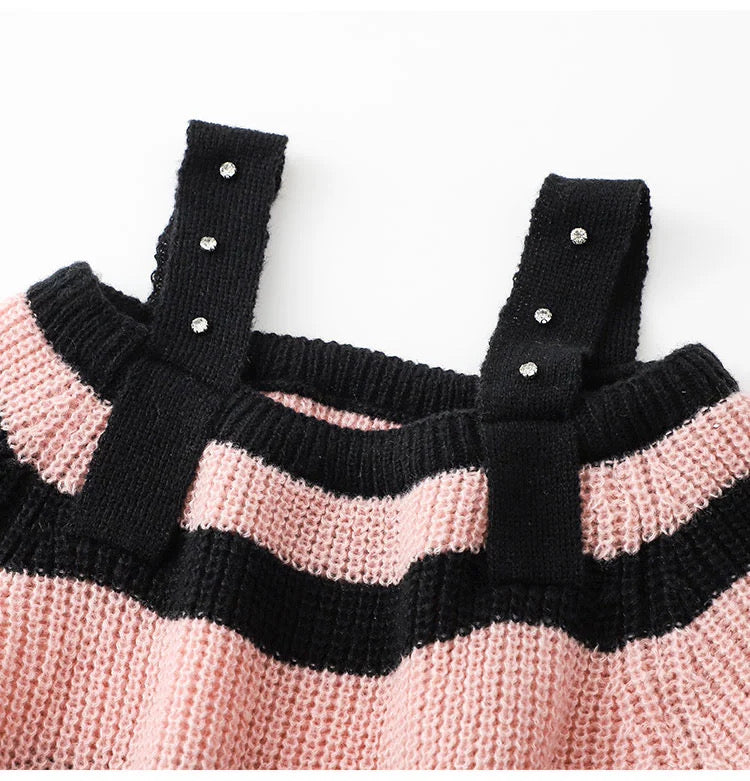 Sweet Black And Pink Off Shoulder Sweater Neck