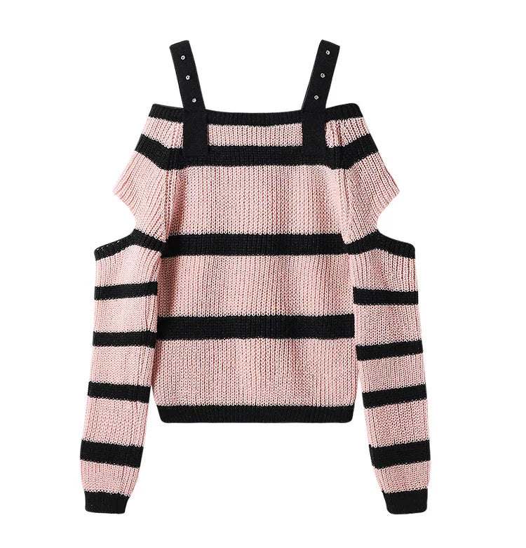 Sweet Black And Pink Off Shoulder Sweater