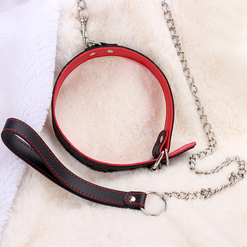 Sweet black and red leather collar with chain femboy fashion