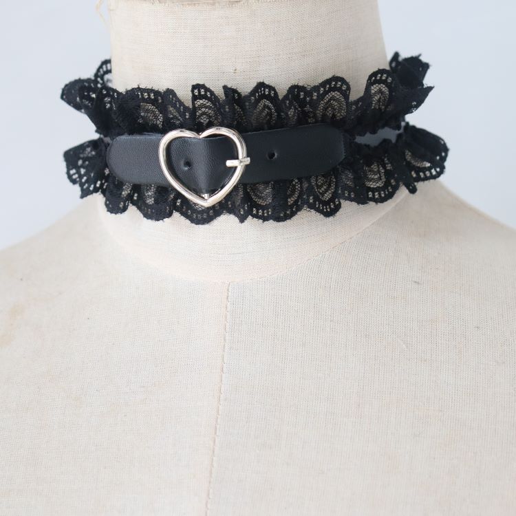 Femboy sweet black leather collar with lace