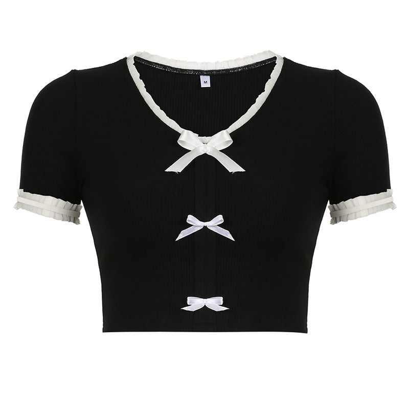 Sweet Bow Black Crop Tee - Femboy Fashion