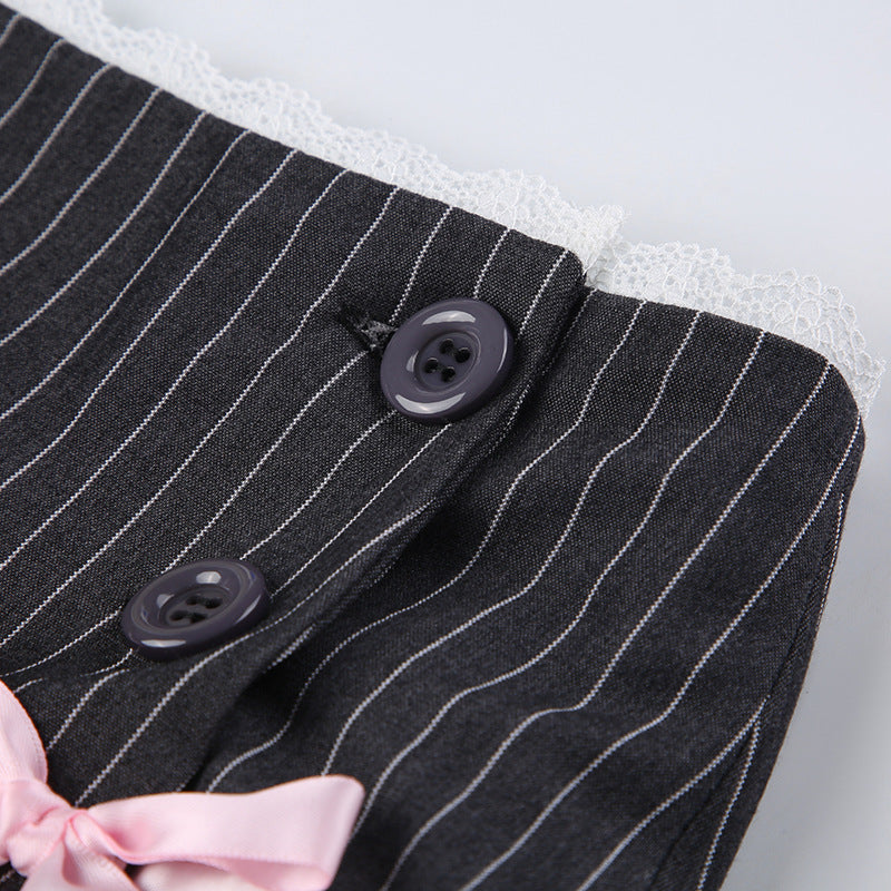 Sweet Bowknot Grey Stripe Suit Skirt - Femboy Fashion