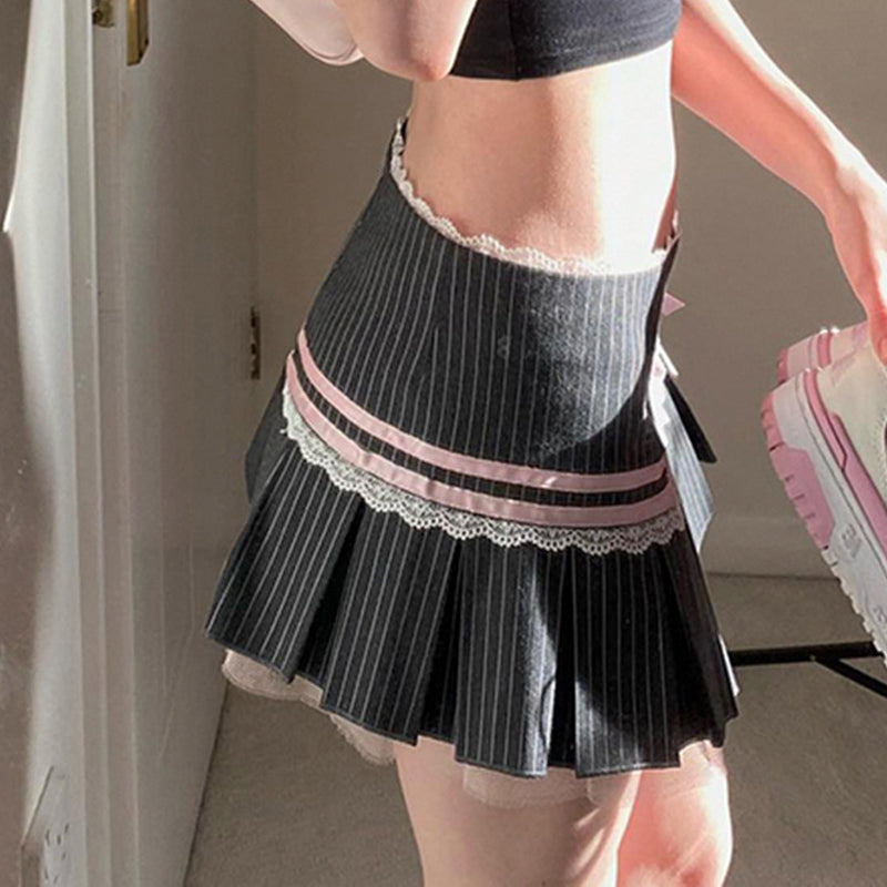 Sweet Bowknot Grey Stripe Suit Skirt - Femboy Fashion