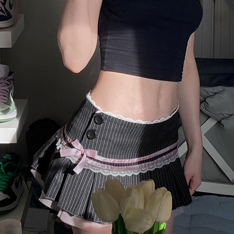 Sweet Bowknot Grey Stripe Suit Skirt - Femboy Fashion