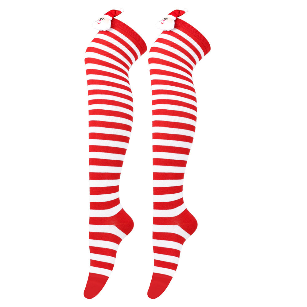 Sweet femboy christmas striped thigh high socks with side