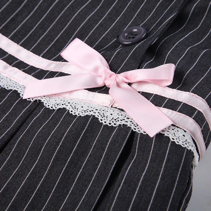 Sweet Bowknot Grey Stripe Suit Skirt - Femboy Fashion