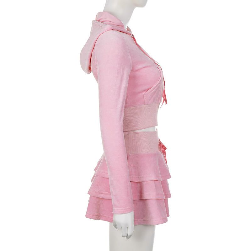 Pink Crop Top Hoodie & Skirt Two Piece Set - Femboy Fashion