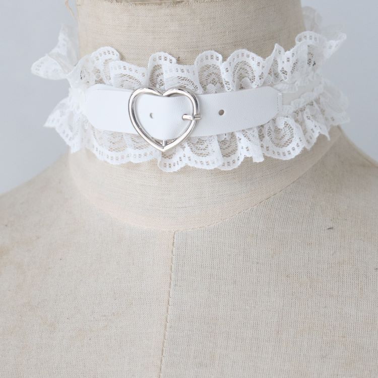 Femboy sweet white leather collar with lace