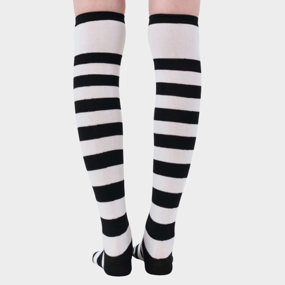 Swirl black and white striped thigh high socks back