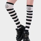Swirl black and white striped thigh high socks