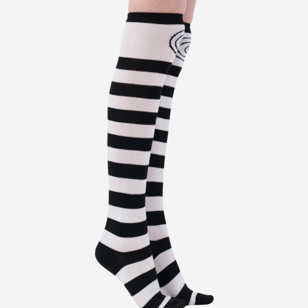 Swirl black and white striped thigh high socks side