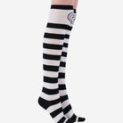 Swirl black and white striped thigh high socks side